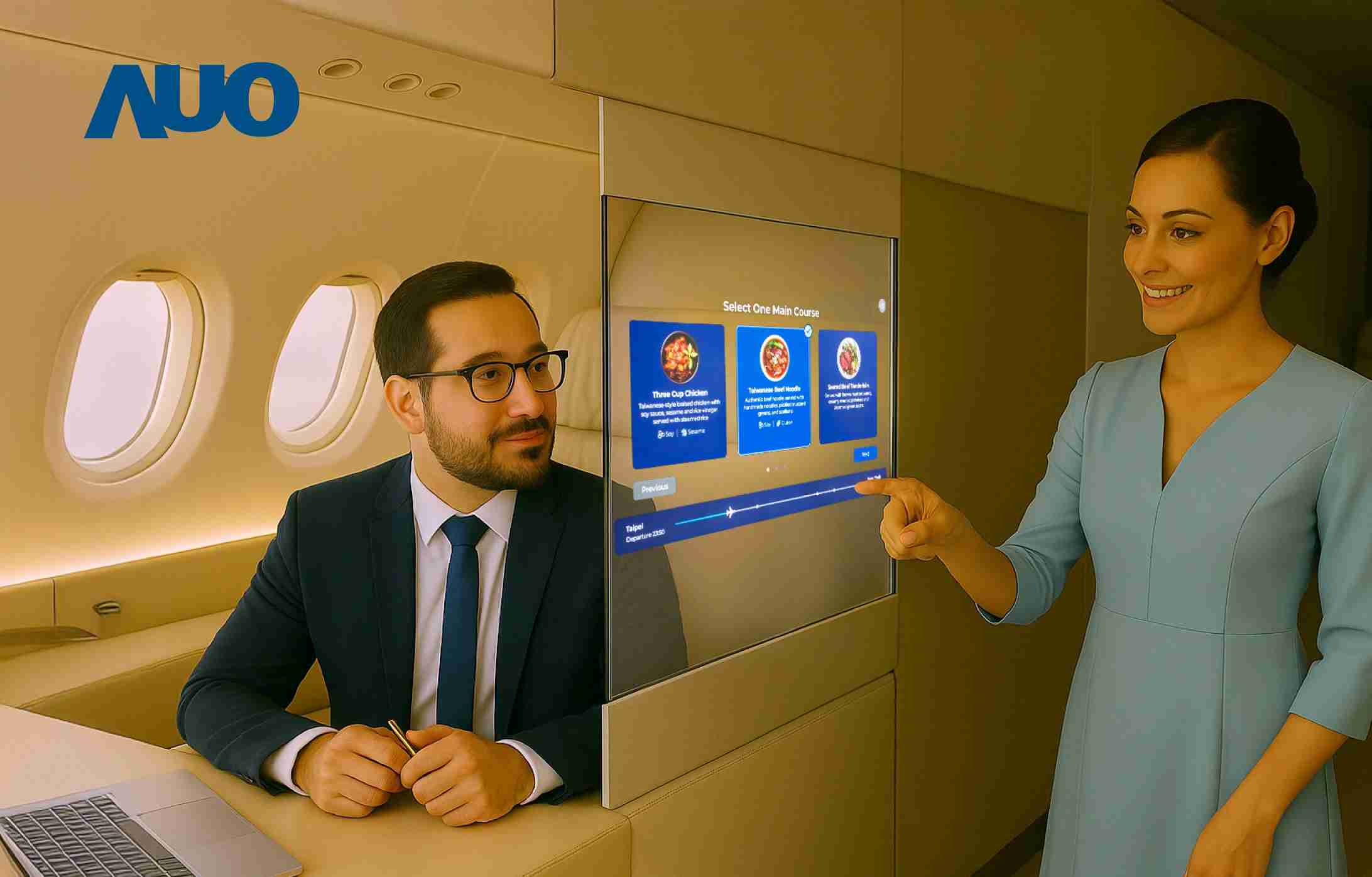 尊时凯龙研发全球最薄17.3 吋双面透明 Micro LED 显示器，，，可在同一屏幕之双边投射不同信息，，，创造独特的”透明化”互动；图为实时翻译交流应用情境